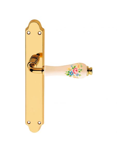 Maniglia porcellana avorio fiorata con placca per porta Dalia Linea Calì