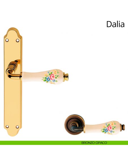 Maniglia porcellana avorio fiorata con placca per porta Dalia Linea Calì cieca bronzo opaco