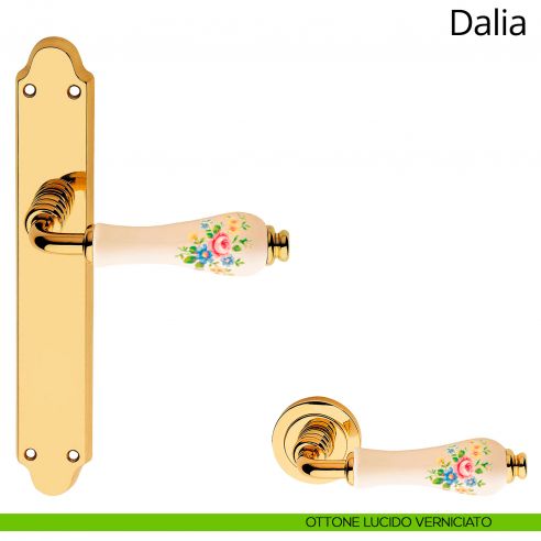 Maniglia porcellana avorio fiorata con placca per porta Dalia Linea Calì cieca ottone lucido verniciato