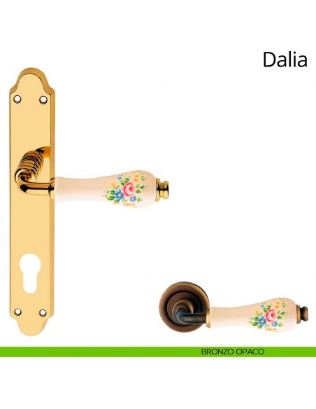 Maniglia porcellana avorio fiorata con placca per porta Dalia Linea Calì yale bronzo opaco