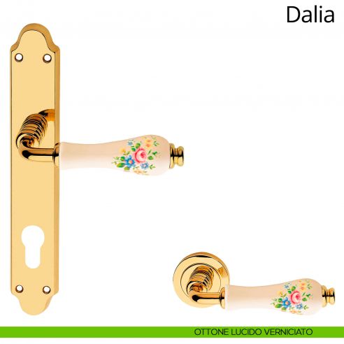 Maniglia porcellana avorio fiorata con placca per porta Dalia Linea Calì yale ottone lucido verniciato