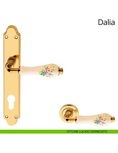 Maniglia porcellana avorio fiorata con placca per porta Dalia Linea Calì yale ottone lucido verniciato