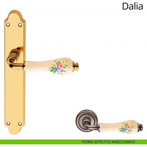 Maniglia porcellana avorio fiorata con placca per porta Dalia Linea Calì cieca ferro effetto invecchiato