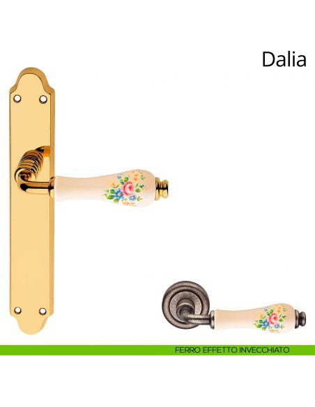 Maniglia porcellana avorio fiorata con placca per porta Dalia Linea Calì cieca ferro effetto invecchiato