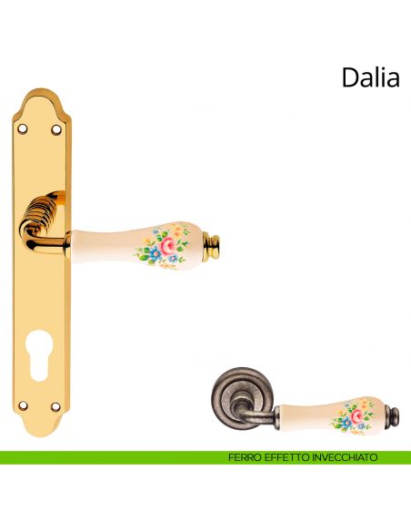 Maniglia porcellana avorio fiorata con placca per porta Dalia Linea Calì yale ferro effetto invecchiato