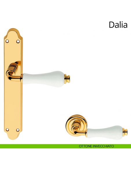 Maniglia porcellana bianca con placca per porta Dalia Linea Calì cieca ottone lucido verniciato