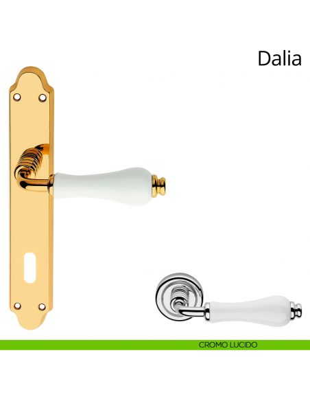 Maniglia porcellana bianca con placca per porta Dalia Linea Calì patent cromo lucido