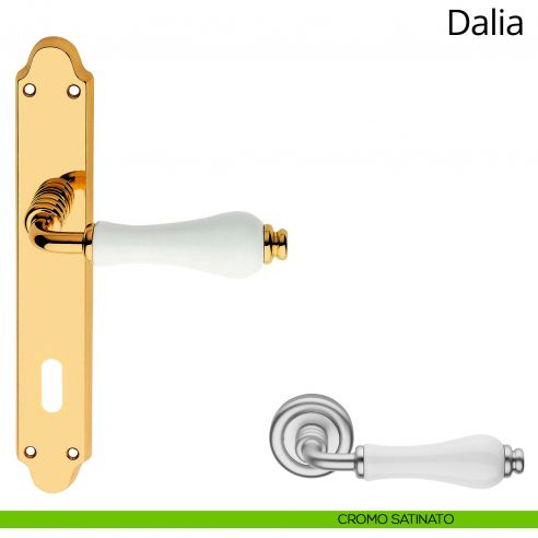 Maniglia porcellana bianca con placca per porta Dalia Linea Calì patent cromo satinato