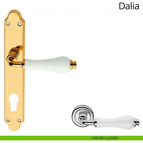 Maniglia porcellana bianca con placca per porta Dalia Linea Calì yale cromo lucido