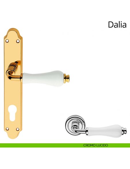Maniglia porcellana bianca con placca per porta Dalia Linea Calì yale cromo lucido
