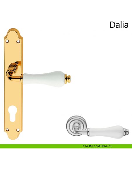 Maniglia porcellana bianca con placca per porta Dalia Linea Calì yale cromo satinato