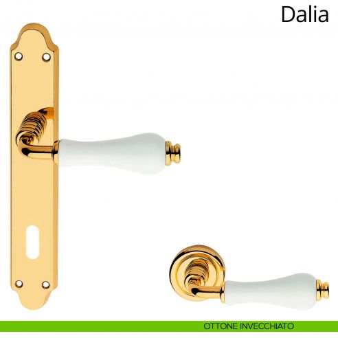 Maniglia porcellana bianca con placca per porta Dalia Linea Calì patent ottone lucido verniciato