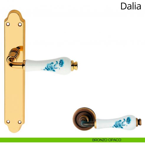 Maniglia porcellana bianca fiori blu con placca per porta Dalia Linea Calì cieca bronzo opaco