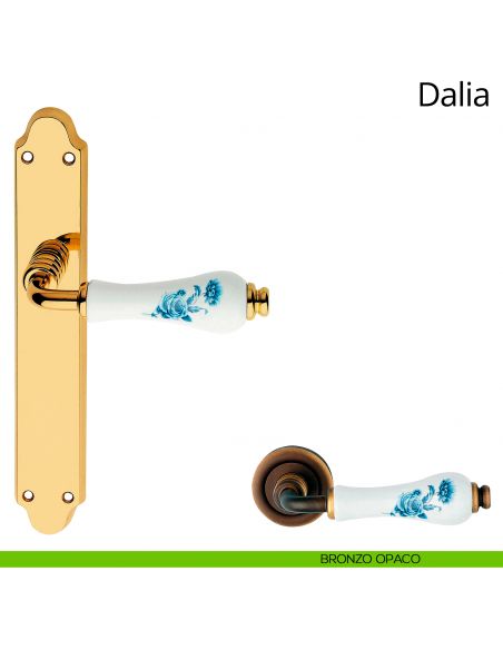 Maniglia porcellana bianca fiori blu con placca per porta Dalia Linea Calì cieca bronzo opaco