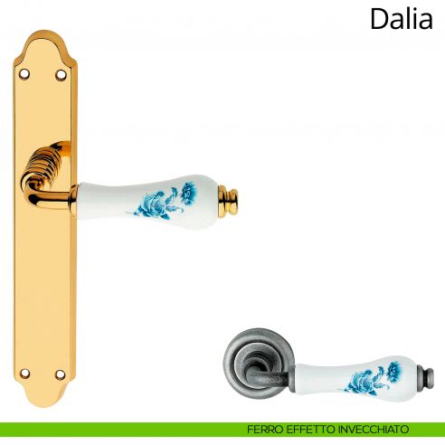 Maniglia porcellana bianca fiori blu con placca per porta Dalia Linea Calì cieca ferro effetto invecchiato