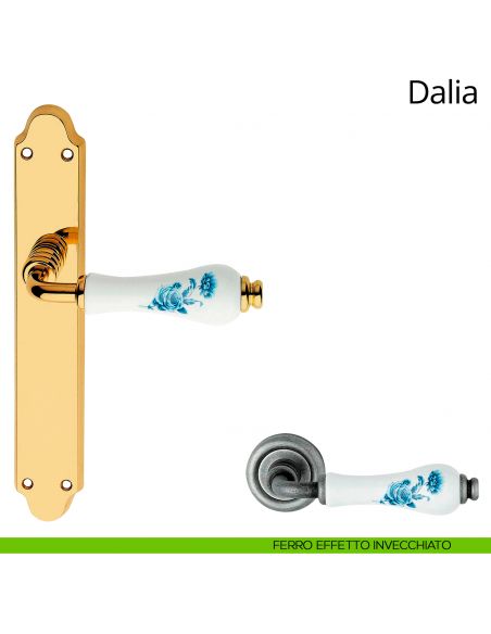 Maniglia porcellana bianca fiori blu con placca per porta Dalia Linea Calì cieca ferro effetto invecchiato