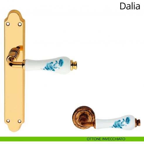 Maniglia porcellana bianca fiori blu con placca per porta Dalia Linea Calì cieca ottone invecchiato