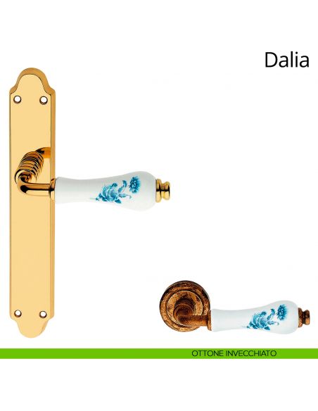 Maniglia porcellana bianca fiori blu con placca per porta Dalia Linea Calì cieca ottone invecchiato