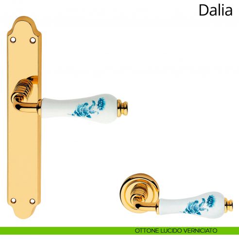 Maniglia porcellana bianca fiori blu con placca per porta Dalia Linea Calì cieca ottone lucido verniciato