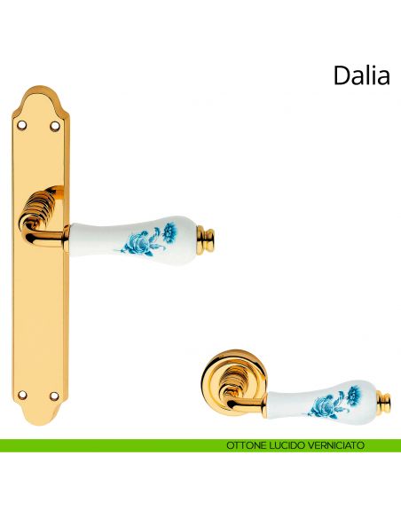 Maniglia porcellana bianca fiori blu con placca per porta Dalia Linea Calì cieca ottone lucido verniciato