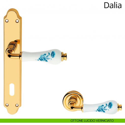 Maniglia porcellana bianca fiori blu con placca per porta Dalia Linea Calì patent ottone lucido verniciato