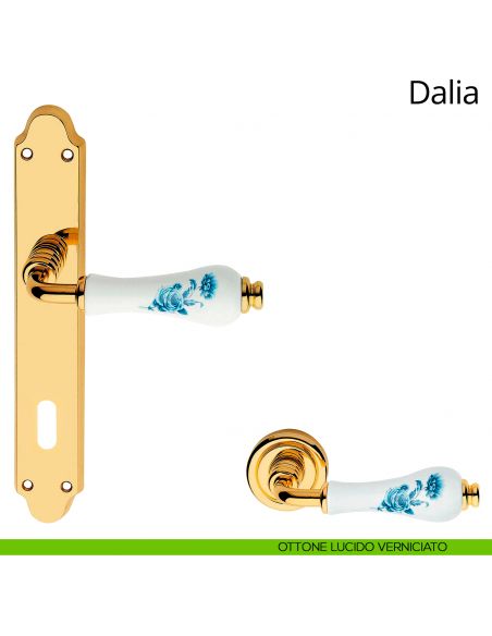 Maniglia porcellana bianca fiori blu con placca per porta Dalia Linea Calì patent ottone lucido verniciato
