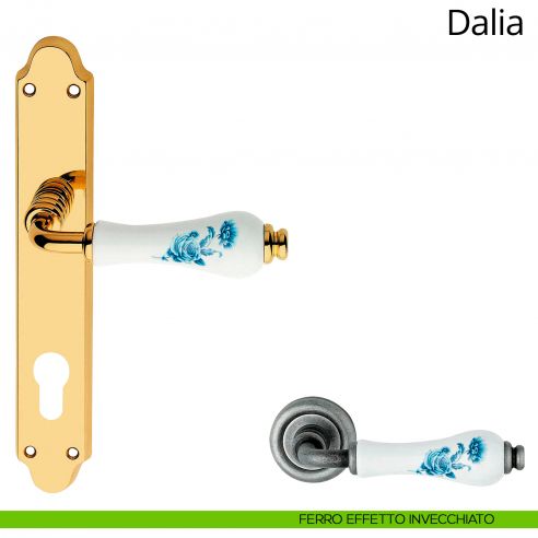 Maniglia porcellana bianca fiori blu con placca per porta Dalia Linea Calì yale ferro effetto invecchiato