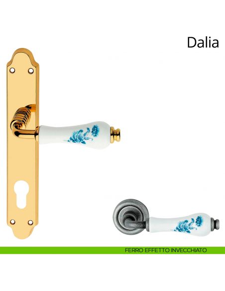 Maniglia porcellana bianca fiori blu con placca per porta Dalia Linea Calì yale ferro effetto invecchiato
