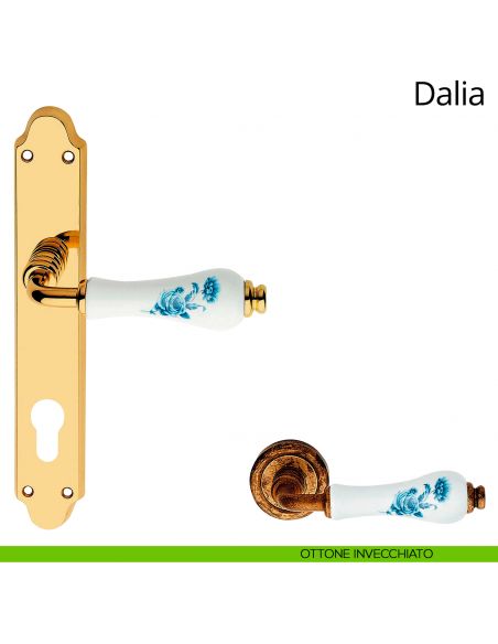 Maniglia porcellana bianca fiori blu con placca per porta Dalia Linea Calì yale ottone invecchiato