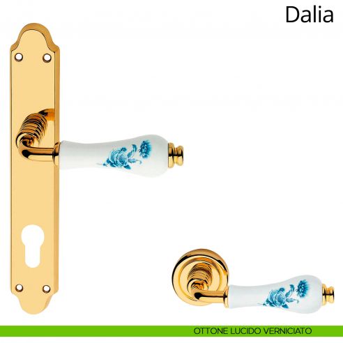 Maniglia porcellana bianca fiori blu con placca per porta Dalia Linea Calì yale ottone lucido veniciato