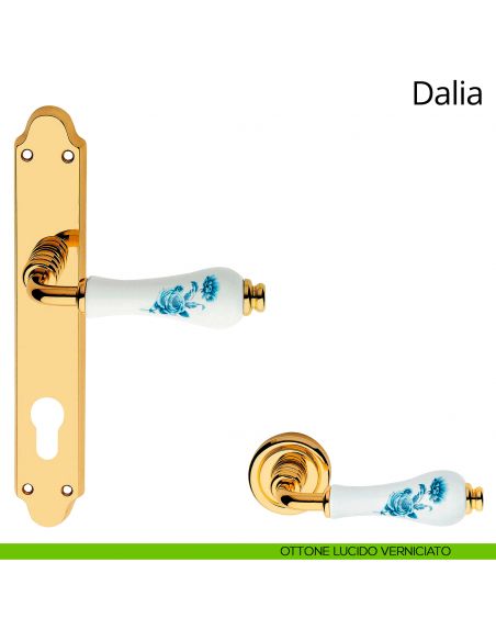 Maniglia porcellana bianca fiori blu con placca per porta Dalia Linea Calì yale ottone lucido veniciato