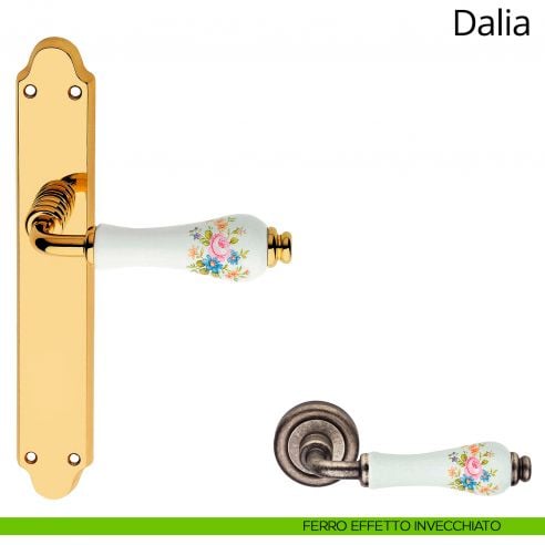 Maniglia porcellana bianca decorata con placca per porta Dalia Linea Calì cieca ferro effetto invecchiato