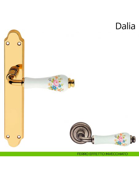 Maniglia porcellana bianca decorata con placca per porta Dalia Linea Calì cieca ferro effetto invecchiato
