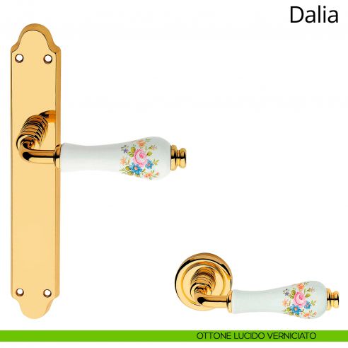 Maniglia porcellana bianca decorata con placca per porta Dalia Linea Calì cieca ottone lucido verniciato