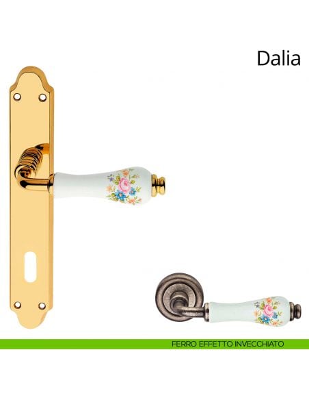 Maniglia porcellana bianca decorata con placca per porta Dalia Linea Calì patent ferro effetto invecchiato