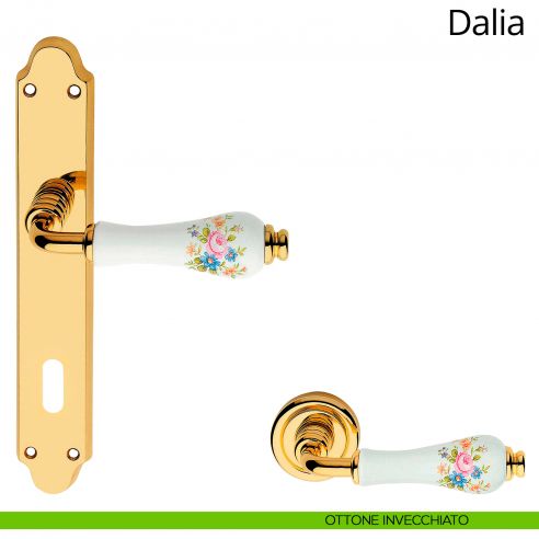 Maniglia porcellana bianca decorata con placca per porta Dalia Linea Calì patent ottone lucido verniciato