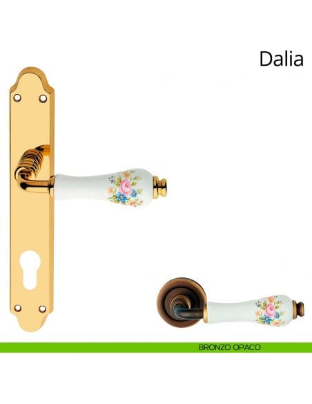 Maniglia porcellana bianca decorata con placca per porta Dalia Linea Calì yale bronzo opaco