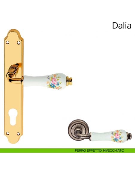 Maniglia porcellana bianca decorata con placca per porta Dalia Linea Calì yale ferro effetto invecchiato