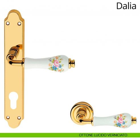 Maniglia porcellana bianca decorata con placca per porta Dalia Linea Calì yale ottone lucido verniciato