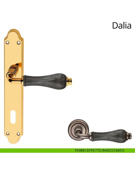 Maniglia porcellana denim con placca per porta Dalia Linea Calì patent ferro effetto invecchiato