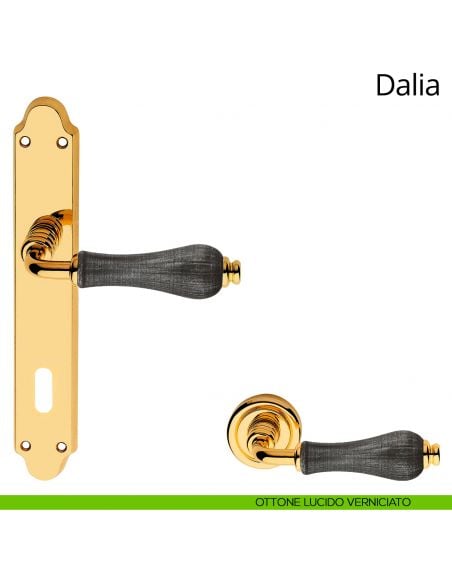 Maniglia porcellana denim con placca per porta Dalia Linea Calì patent ottone lucido verniciato