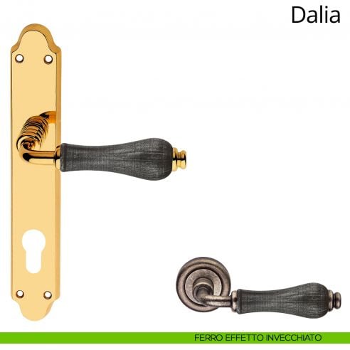Maniglia porcellana denim con placca per porta Dalia Linea Calì yale ferro effetto invecchiato