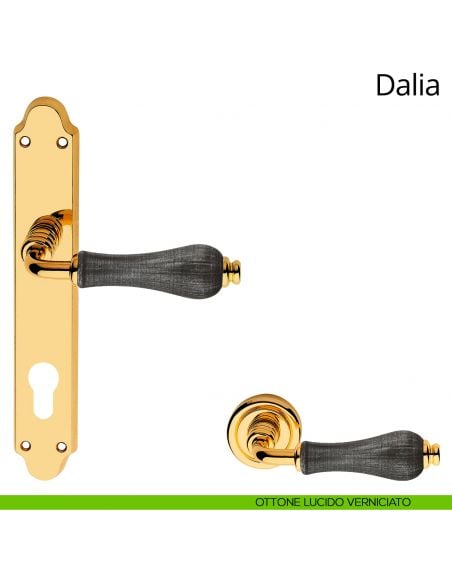 Maniglia porcellana denim con placca per porta Dalia Linea Calì yale ottone lucido verniciato