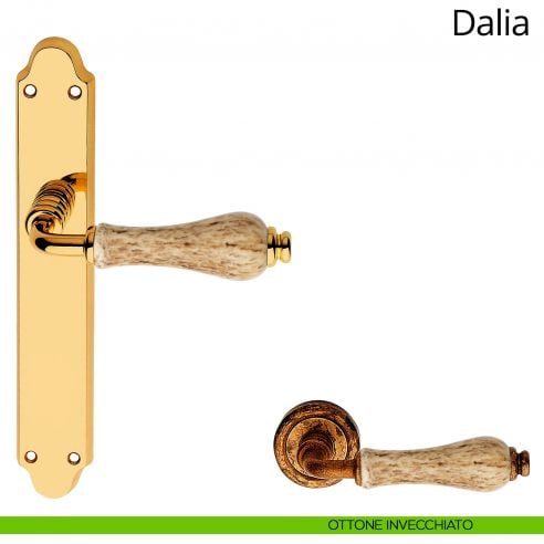 Maniglia porcellana maculata con placca per porta Dalia Linea Calì cieca ottone invecchiato
