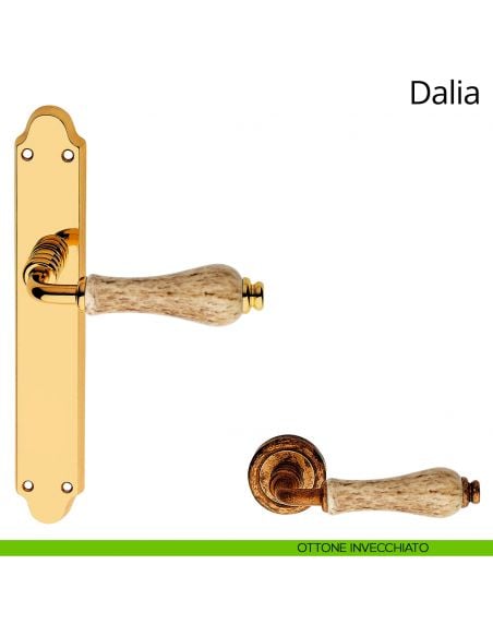 Maniglia porcellana maculata con placca per porta Dalia Linea Calì cieca ottone invecchiato
