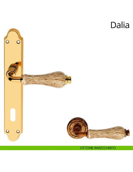 Maniglia porcellana maculata con placca per porta Dalia Linea Calì patent ottone invecchiato