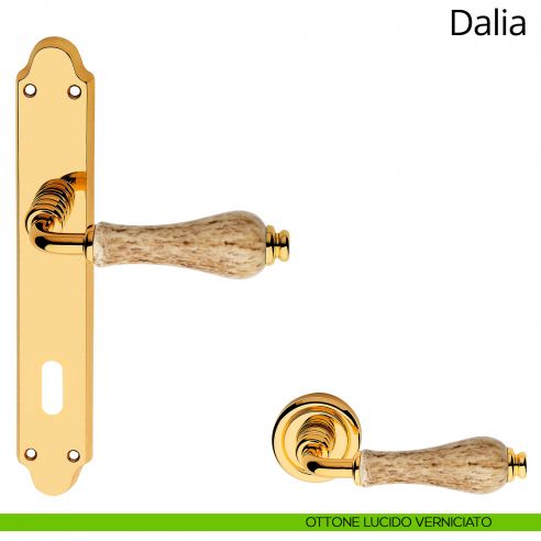 Maniglia porcellana maculata con placca per porta Dalia Linea Calì patent ottone lucido verniciato