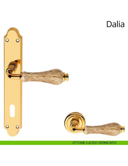 Maniglia porcellana maculata con placca per porta Dalia Linea Calì patent ottone lucido verniciato