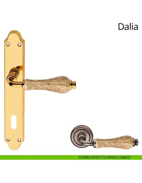 Maniglia porcellana maculata con placca per porta Dalia Linea Calì patent ferro effetto invecchiato