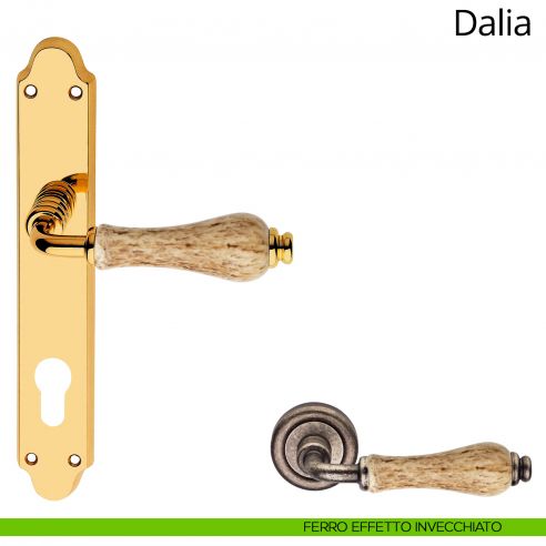 Maniglia porcellana maculata con placca per porta Dalia Linea Calì yale ferro effetto invecchiato